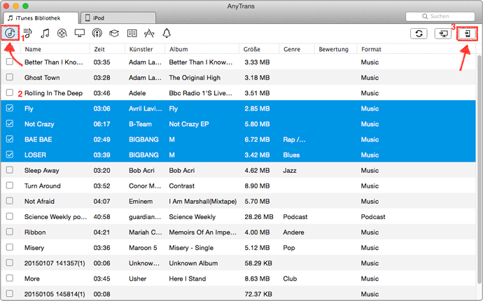 Musik von iTunes auf iPod mit AnyTrans ziehen -Schritt 2